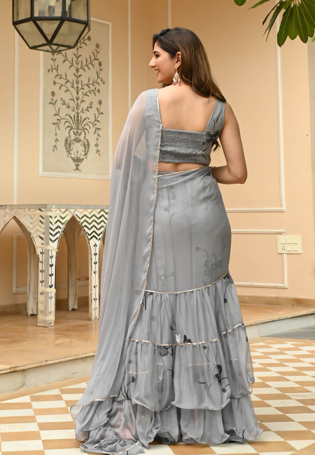 SILVER GREY DRAPED CHIFFON SAREE