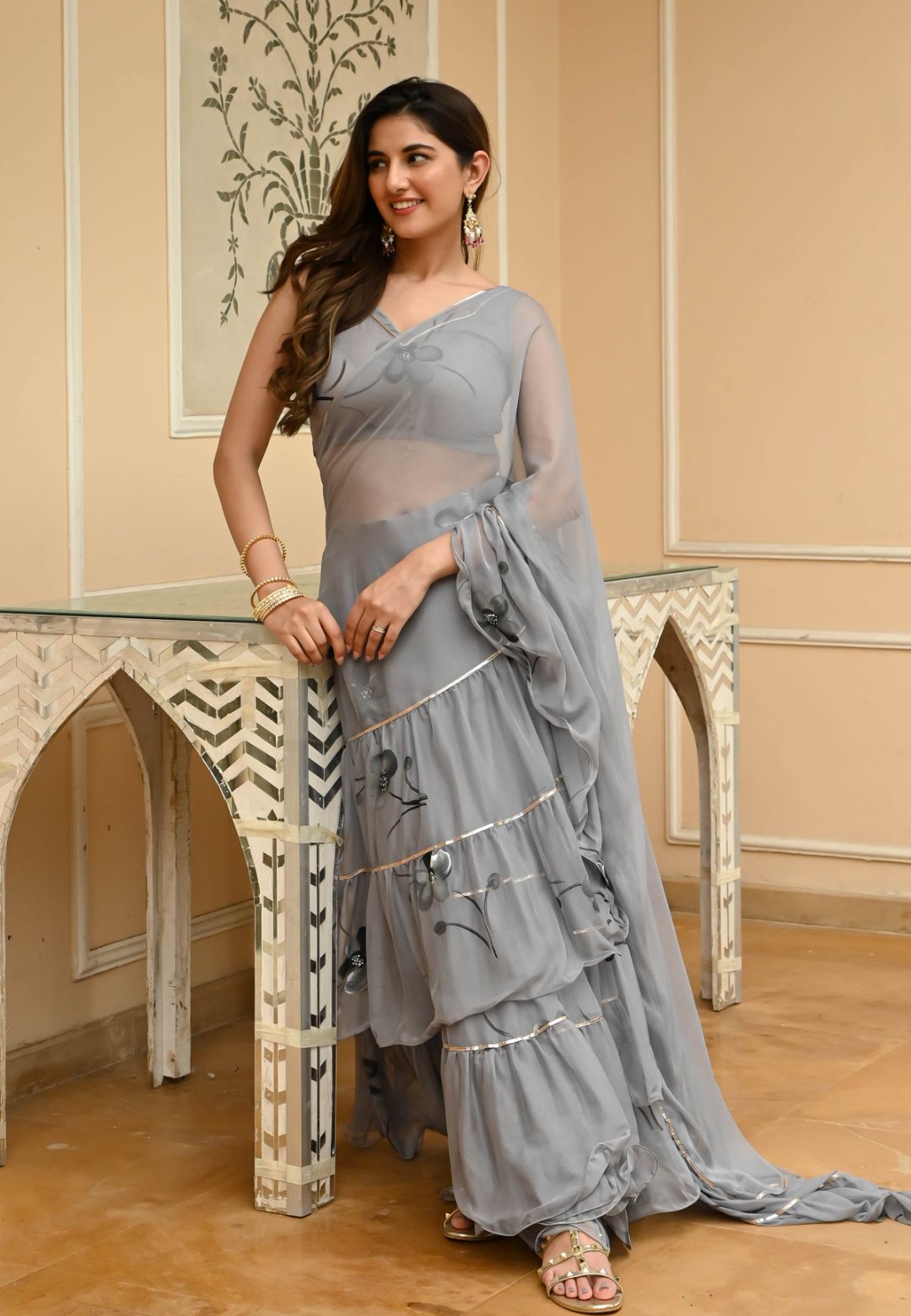 SILVER GREY DRAPED CHIFFON SAREE