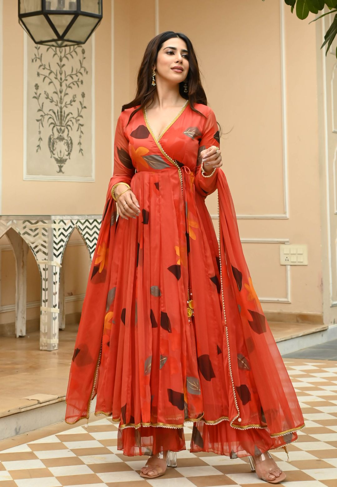 TANGERINE ORANGE HANDPAINTED CHIFFON SUIT SET