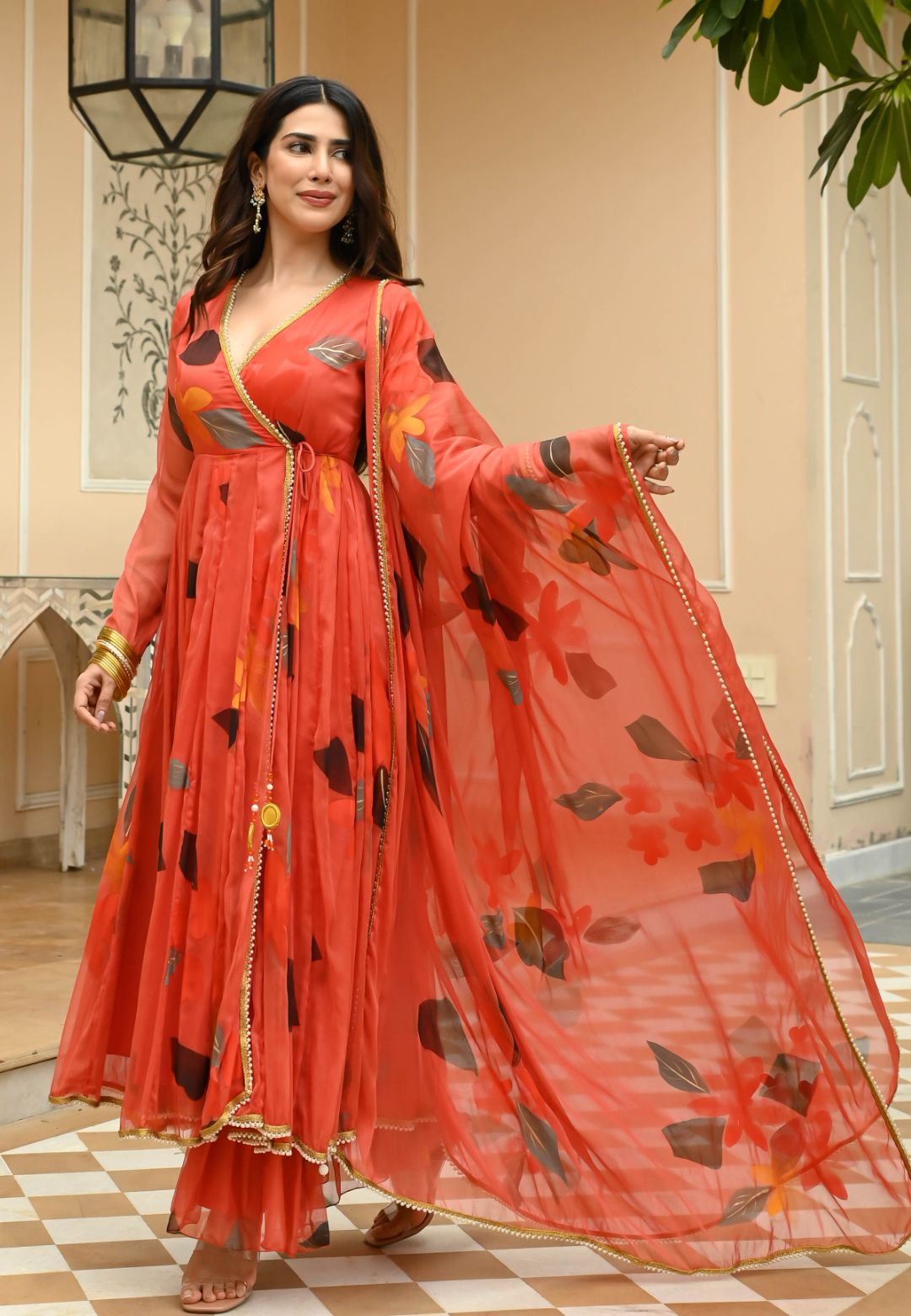 TANGERINE ORANGE HANDPAINTED CHIFFON SUIT SET