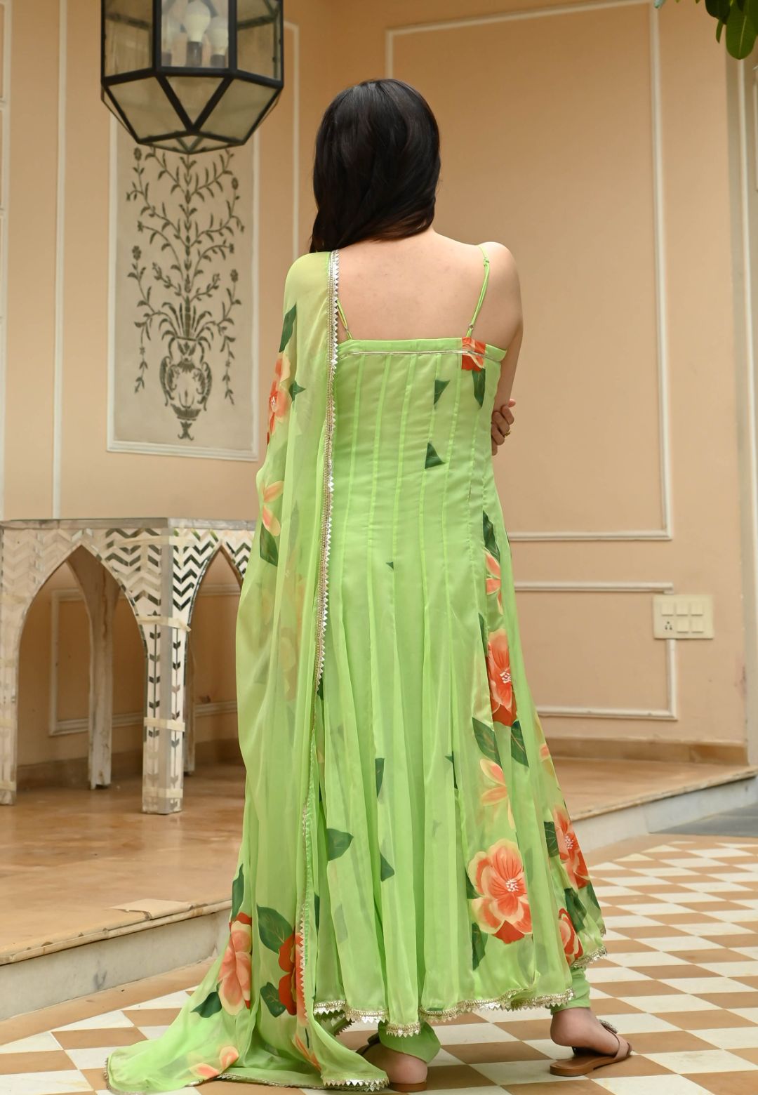 KIWI GREEN HANDPAINTED CHIFFON SUIT SET