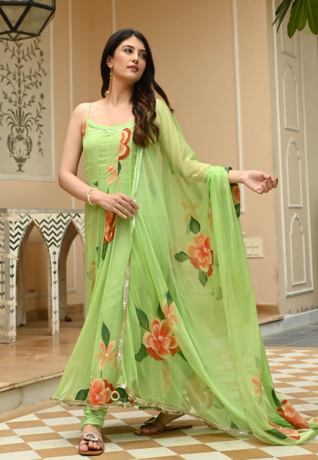 KIWI GREEN HANDPAINTED CHIFFON SUIT SET