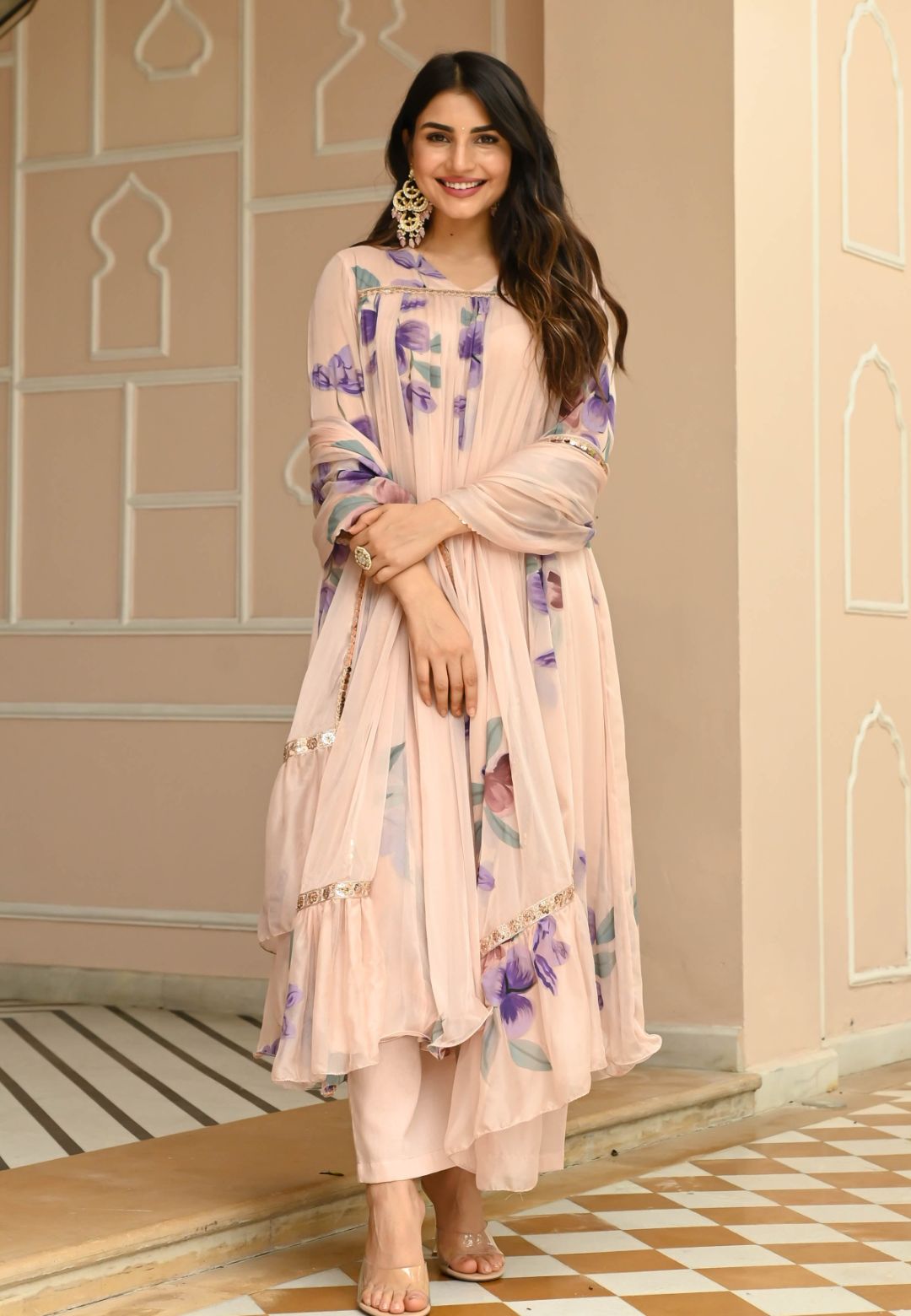 PEACH CHIFFON HANDPAINTED SUIT SET