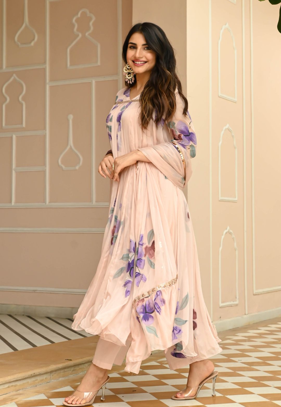 PEACH CHIFFON HANDPAINTED SUIT SET