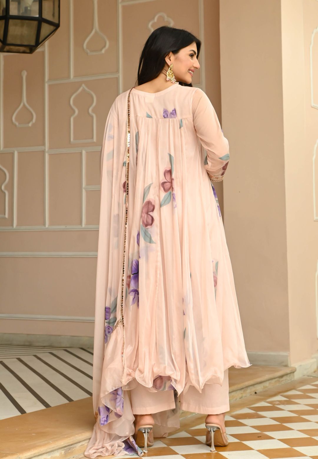 PEACH CHIFFON HANDPAINTED SUIT SET
