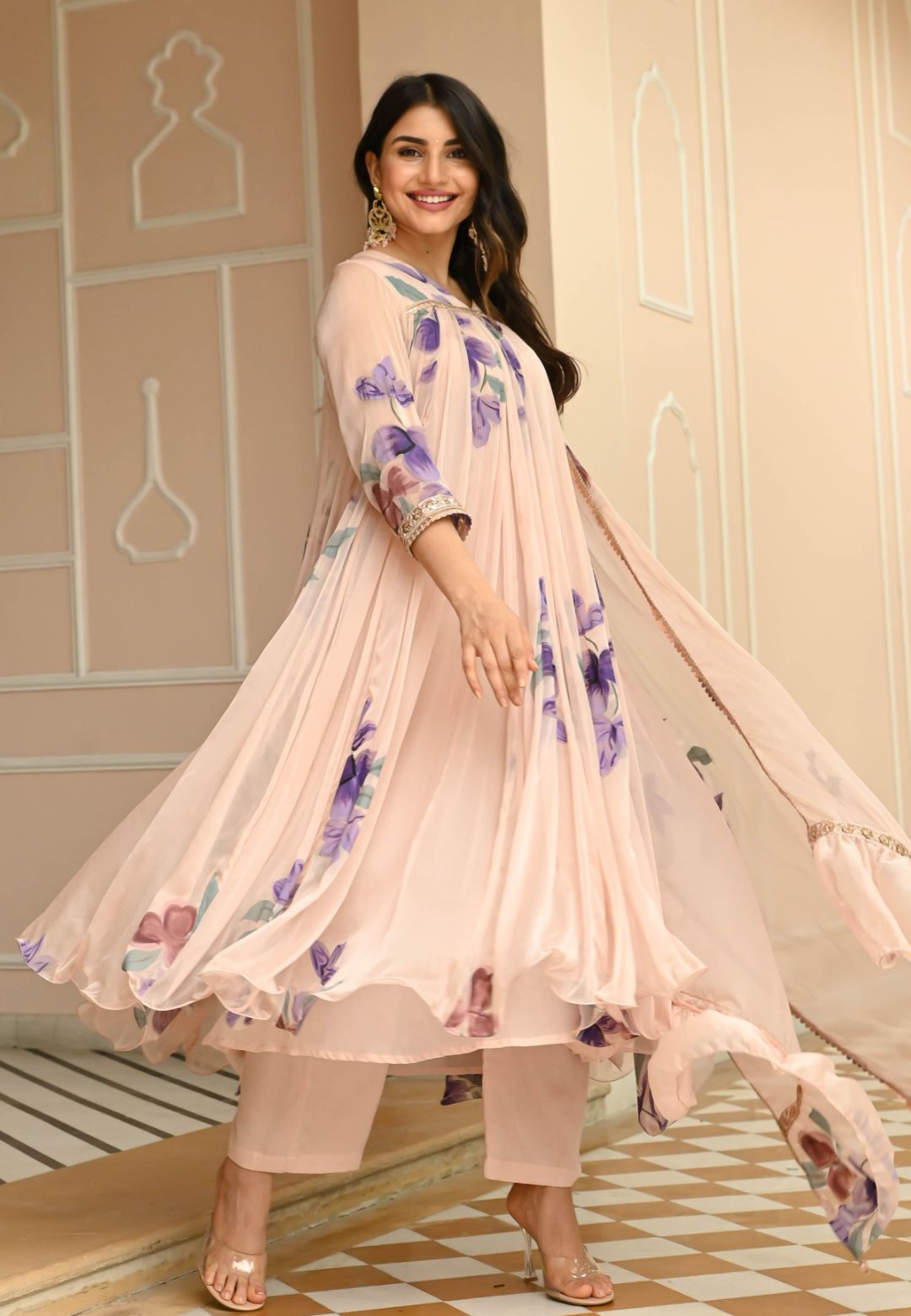 PEACH CHIFFON HANDPAINTED SUIT SET