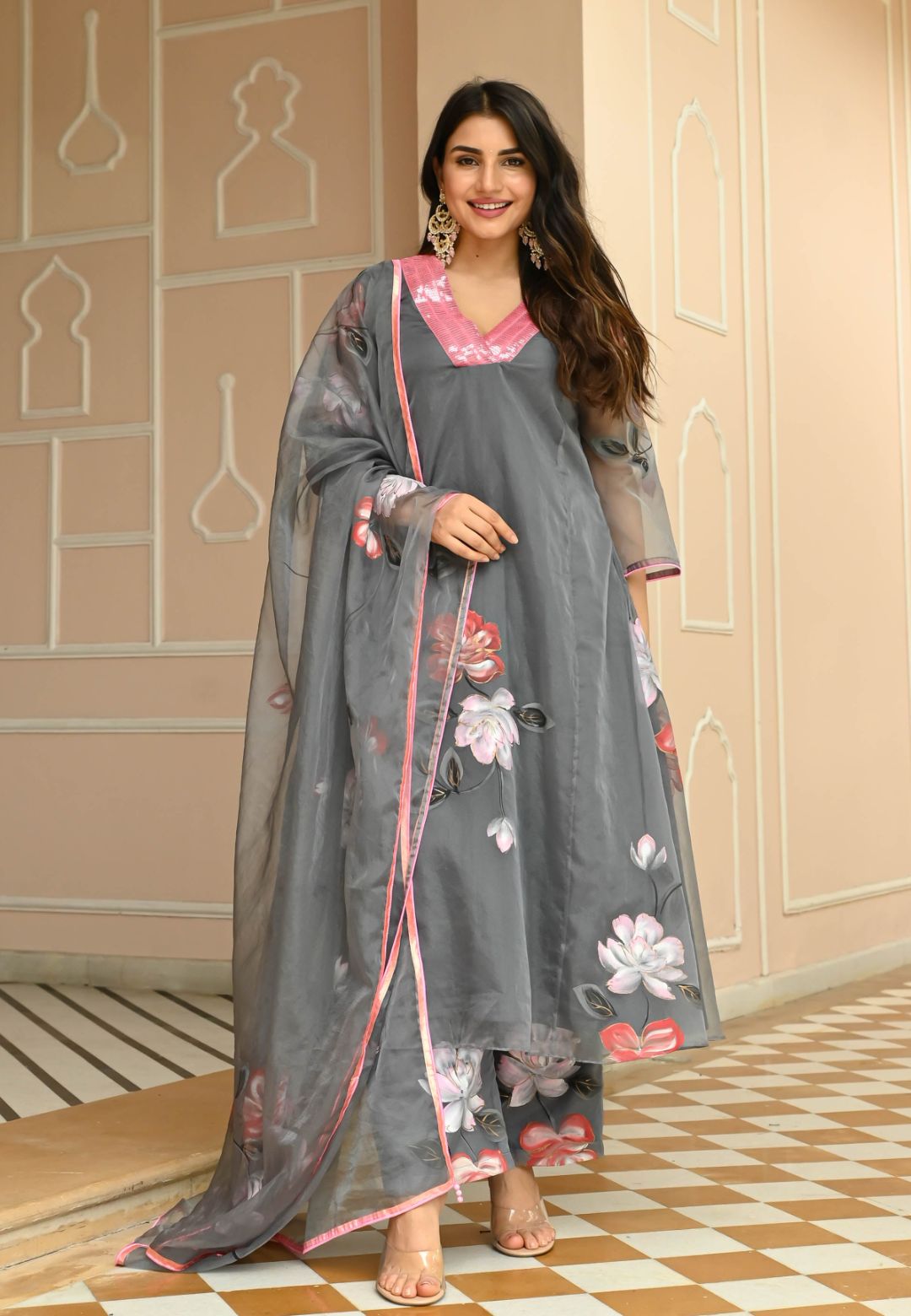 FLORAL GREY HANDPAINTED ORGANZA SUIT SET