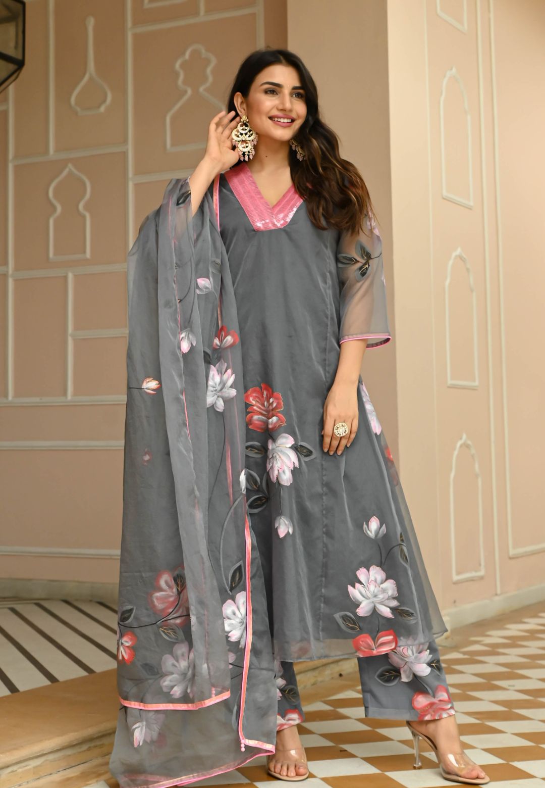 FLORAL GREY HANDPAINTED ORGANZA SUIT SET