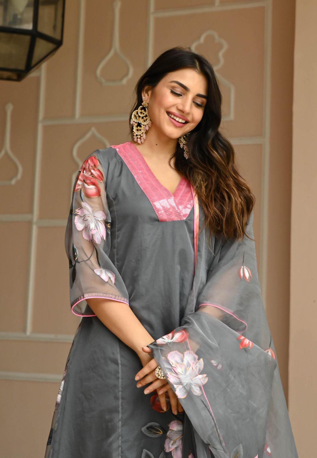 FLORAL GREY HANDPAINTED ORGANZA SUIT SET