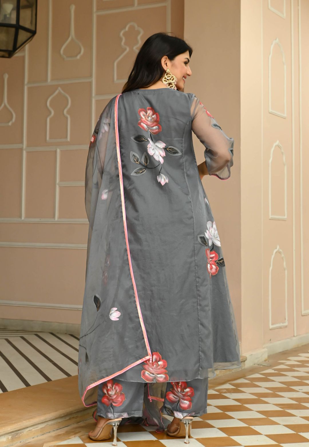 FLORAL GREY HANDPAINTED ORGANZA SUIT SET