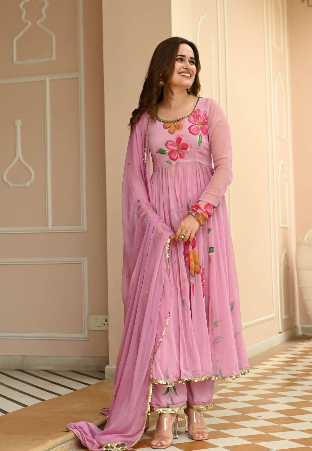SUGAR PINK HANDPAINTED CHIFFON SUIT SET