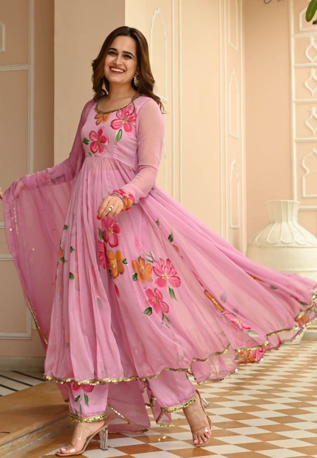 SUGAR PINK HANDPAINTED CHIFFON SUIT SET