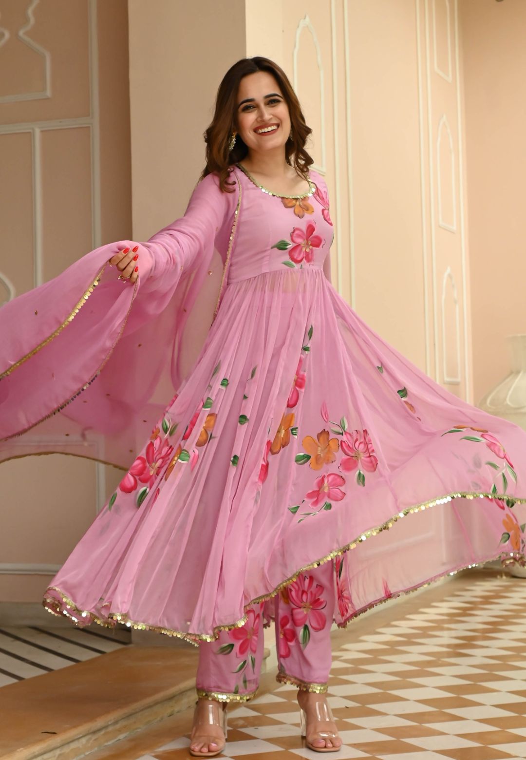 SUGAR PINK HANDPAINTED CHIFFON SUIT SET