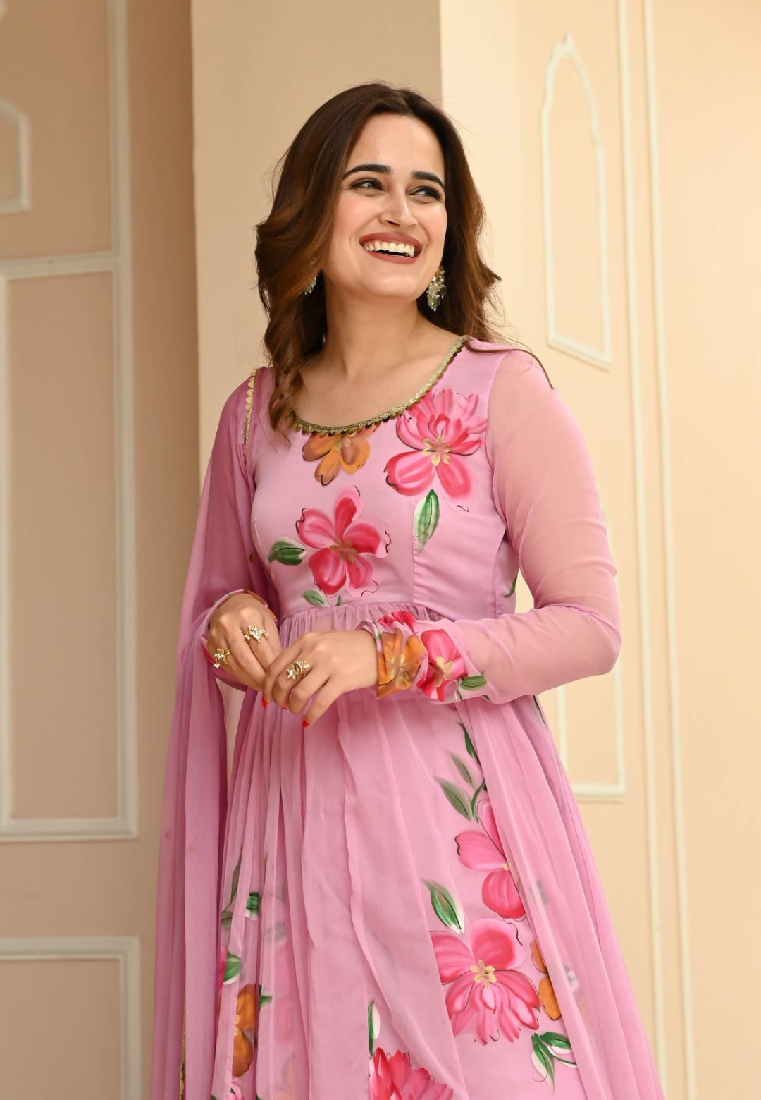 SUGAR PINK HANDPAINTED CHIFFON SUIT SET