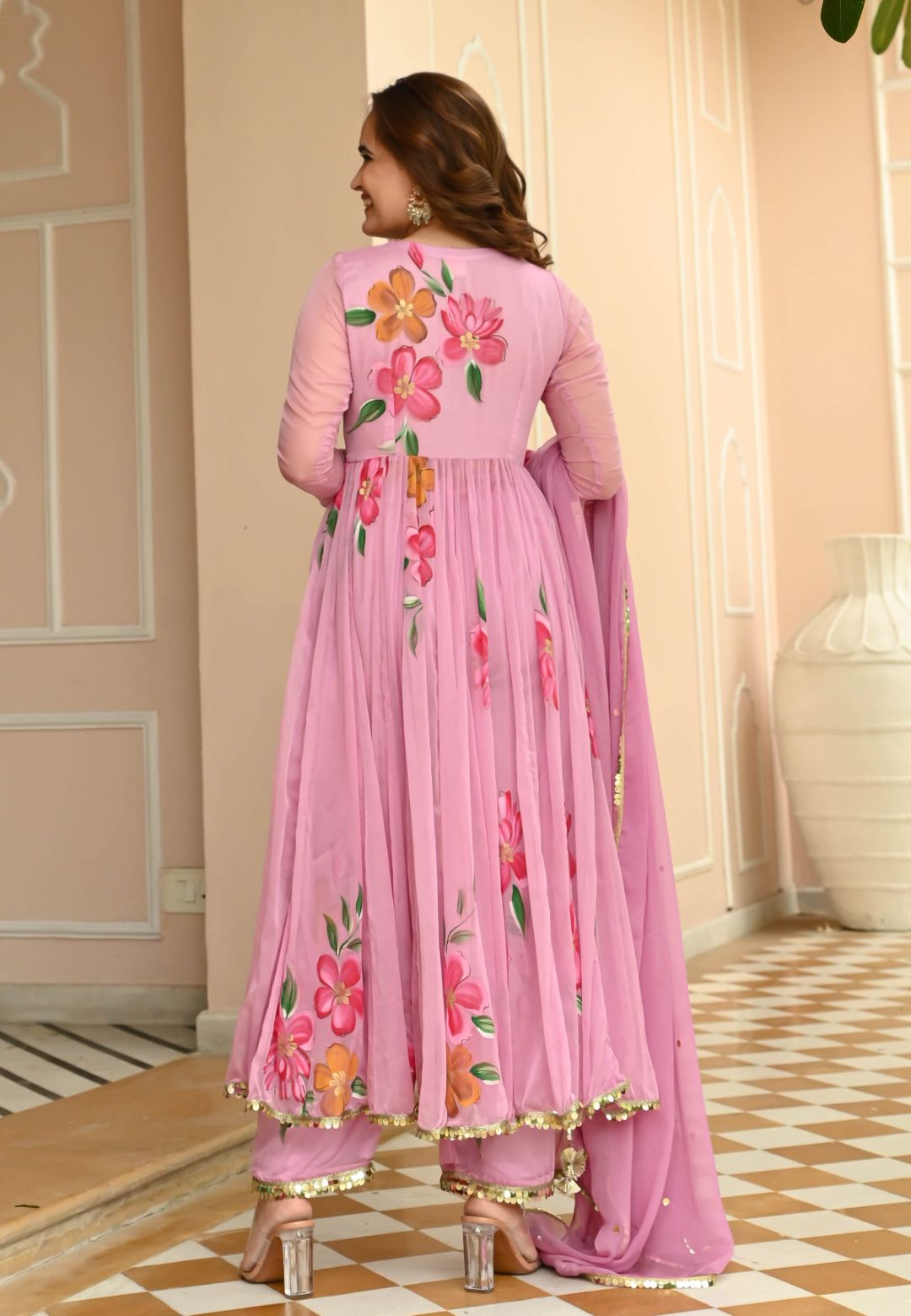 SUGAR PINK HANDPAINTED CHIFFON SUIT SET
