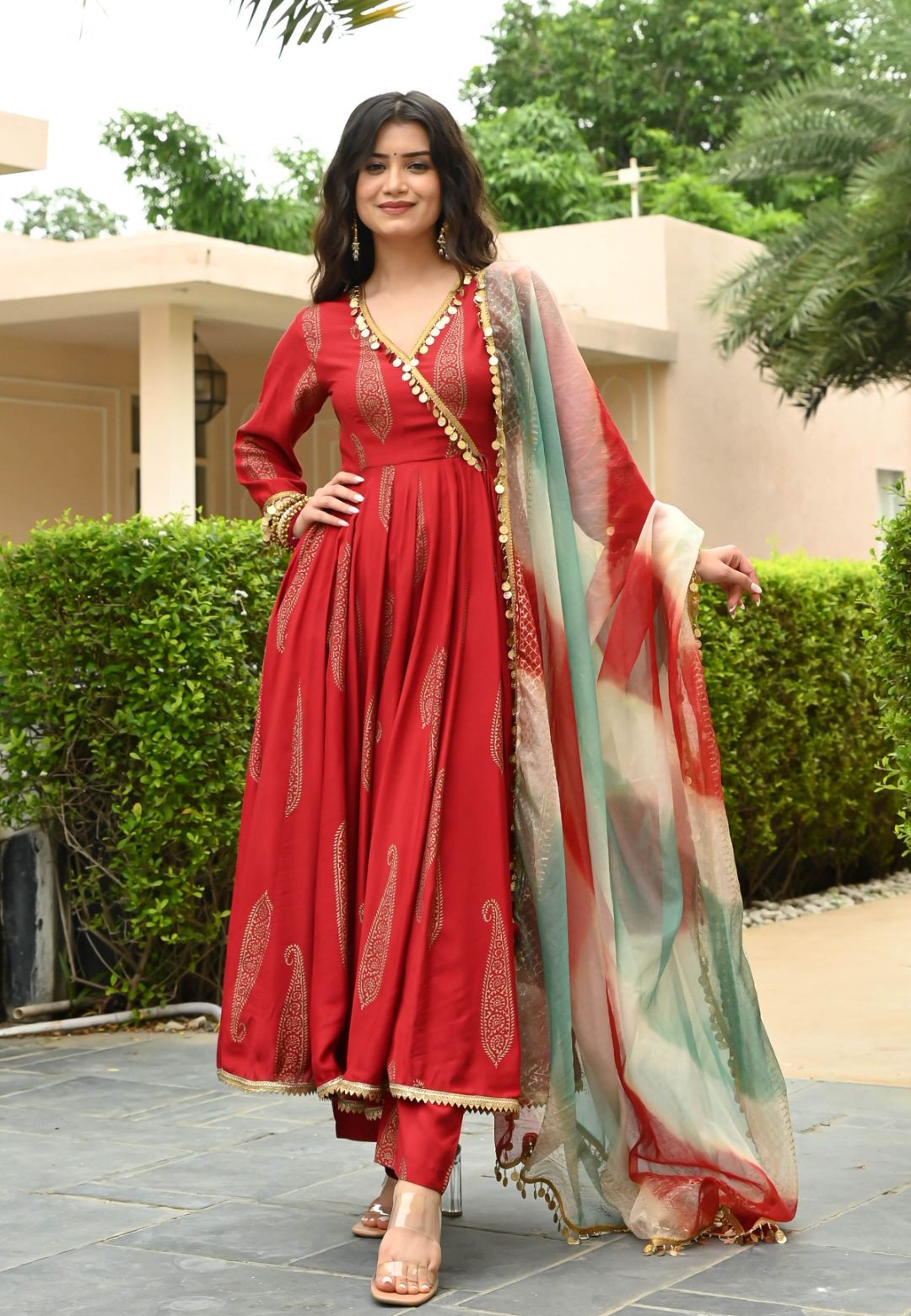 RED GOLDEN HANDBLOCK COTTON SILK SUIT SET