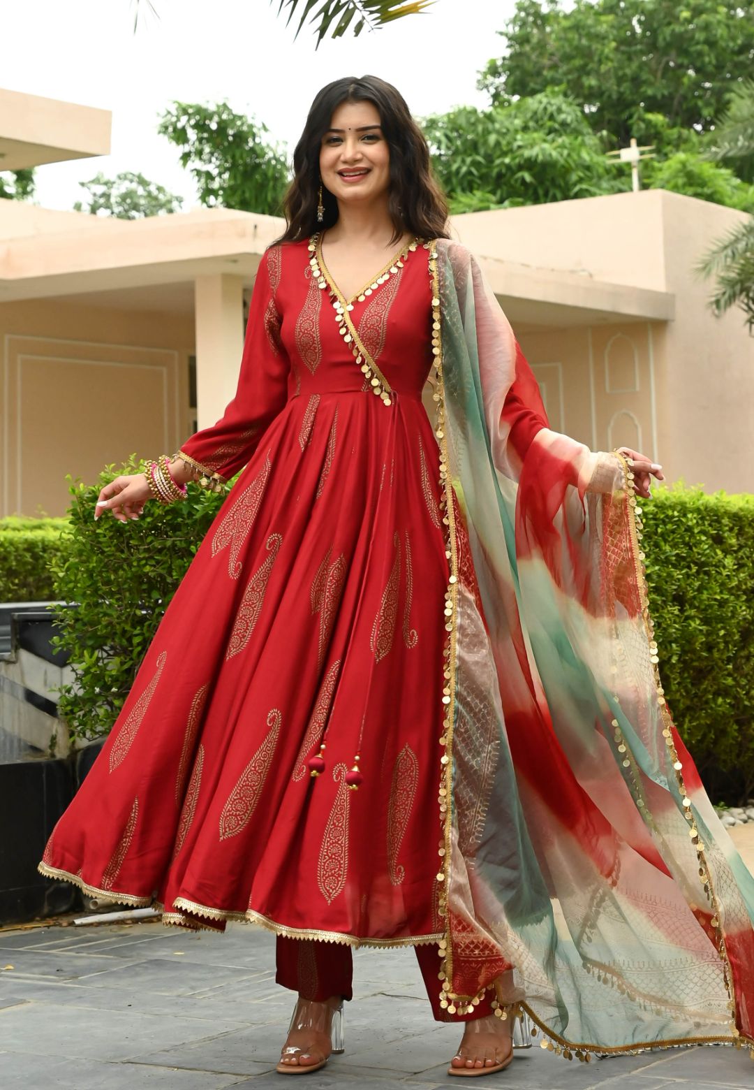 RED GOLDEN HANDBLOCK COTTON SILK SUIT SET