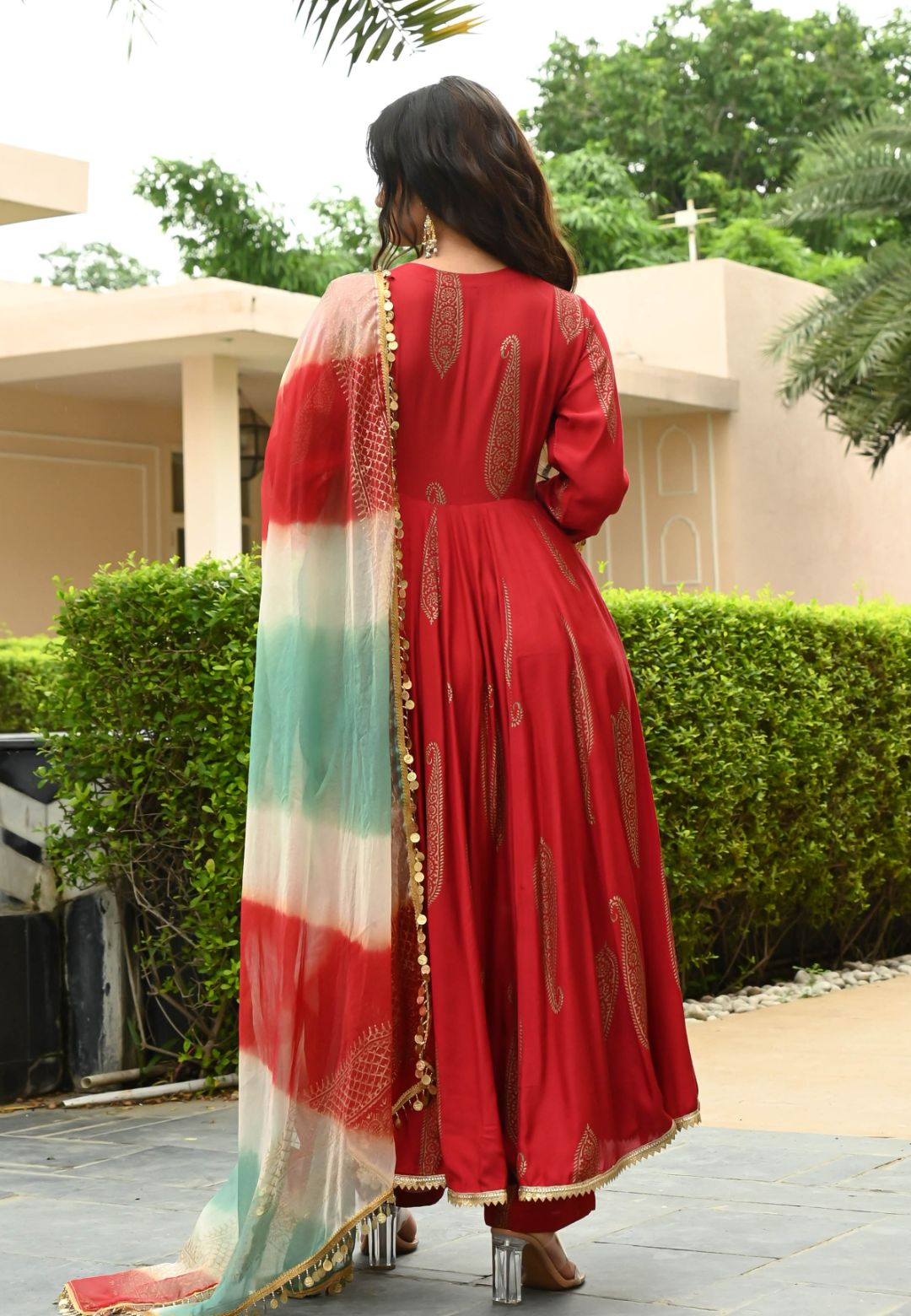RED GOLDEN HANDBLOCK COTTON SILK SUIT SET