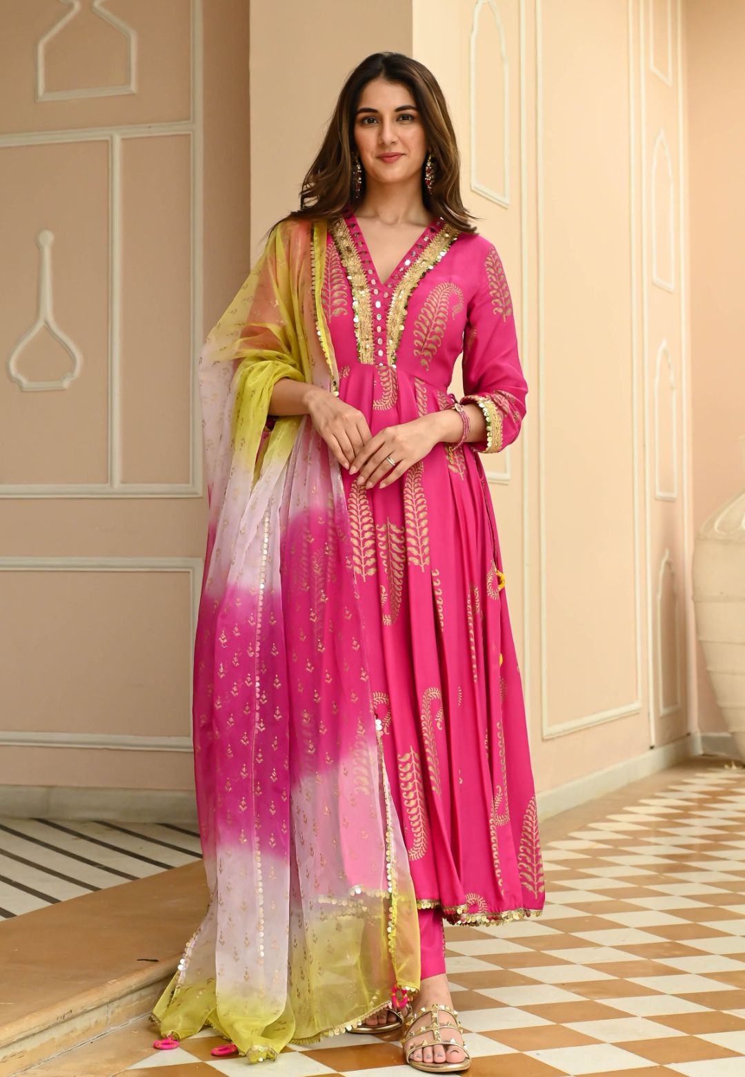 PINK GOLDEN HANDBLOCK COTTON SILK SUIT SET