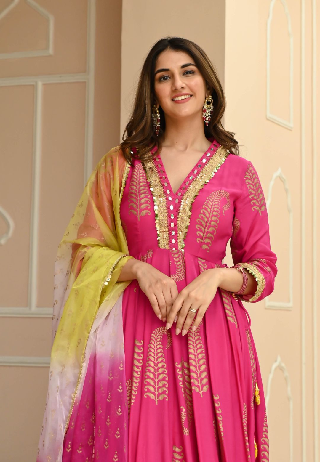 PINK GOLDEN HANDBLOCK COTTON SILK SUIT SET