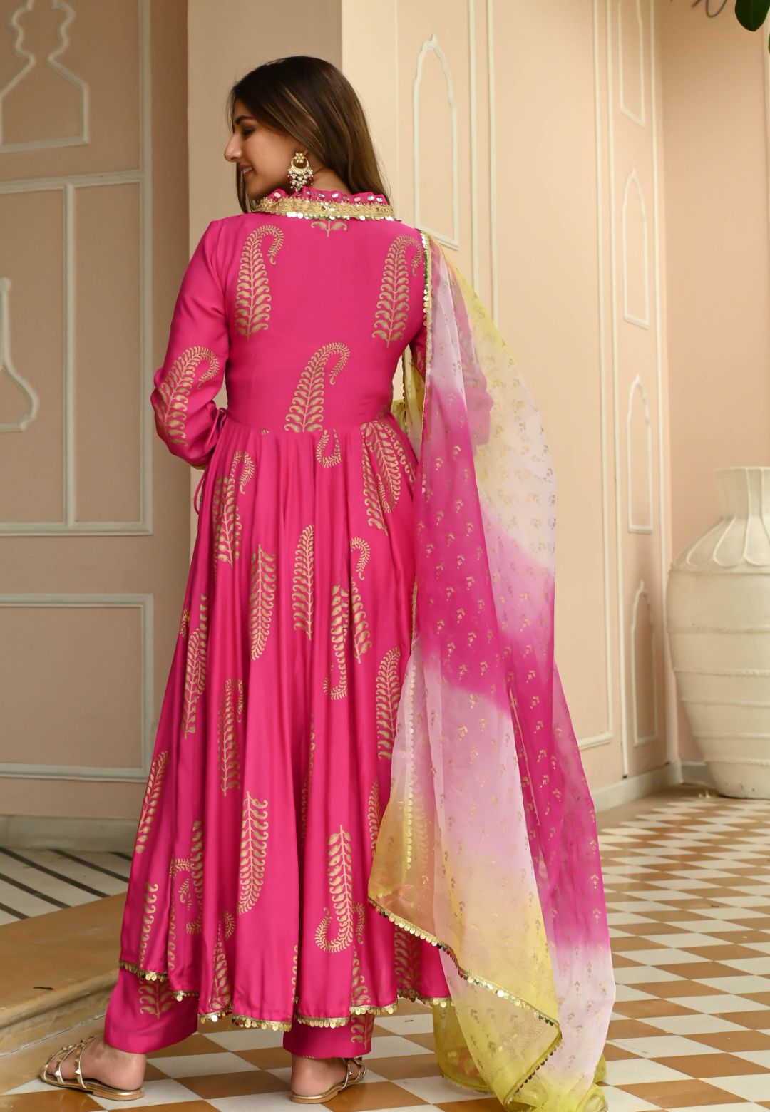 PINK GOLDEN HANDBLOCK COTTON SILK SUIT SET