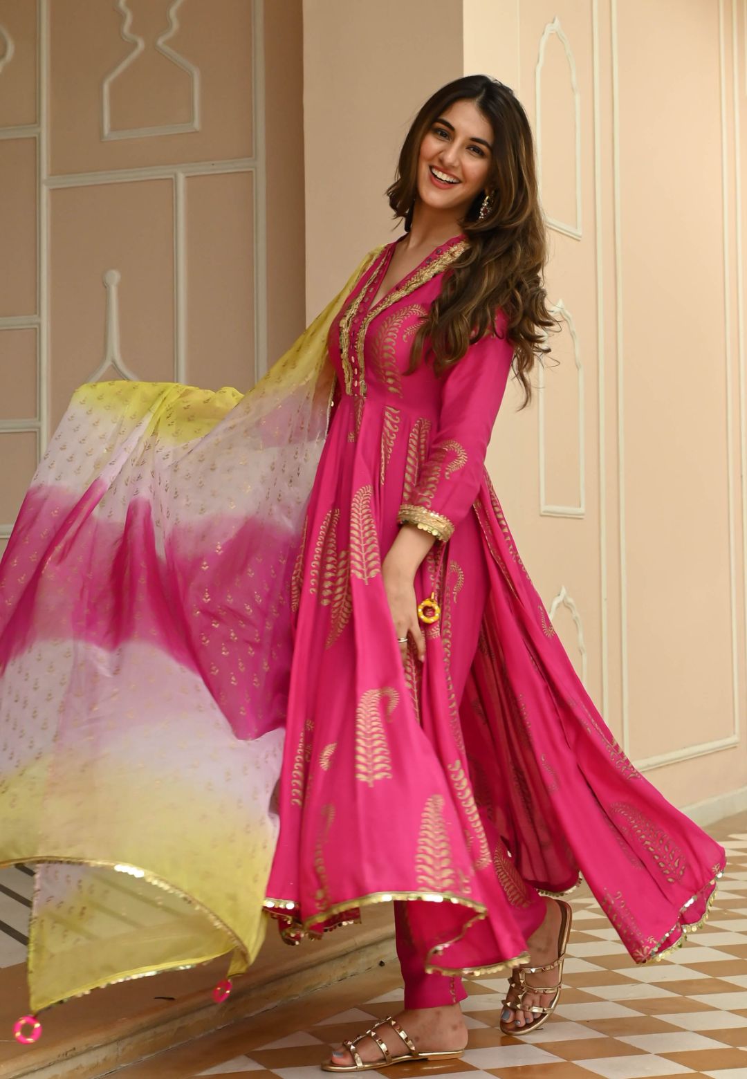 PINK GOLDEN HANDBLOCK COTTON SILK SUIT SET