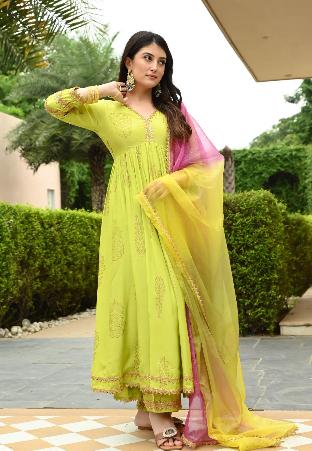 GREEN LIME GOLD HANDBLOCK COTTON SILK SUIT SET