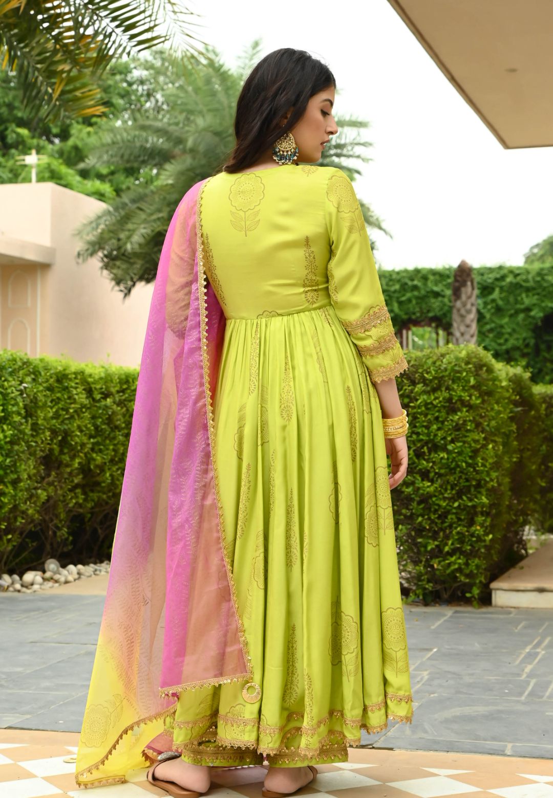 GREEN LIME GOLD HANDBLOCK COTTON SILK SUIT SET
