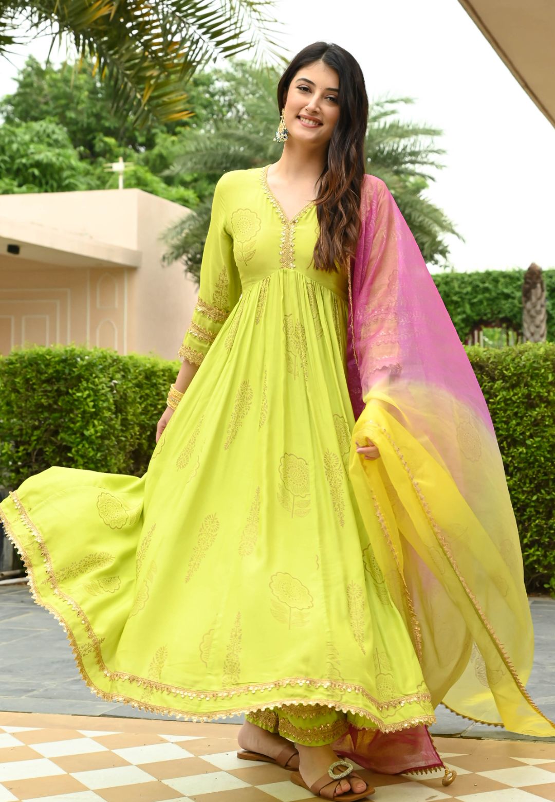 GREEN LIME GOLD HANDBLOCK COTTON SILK SUIT SET