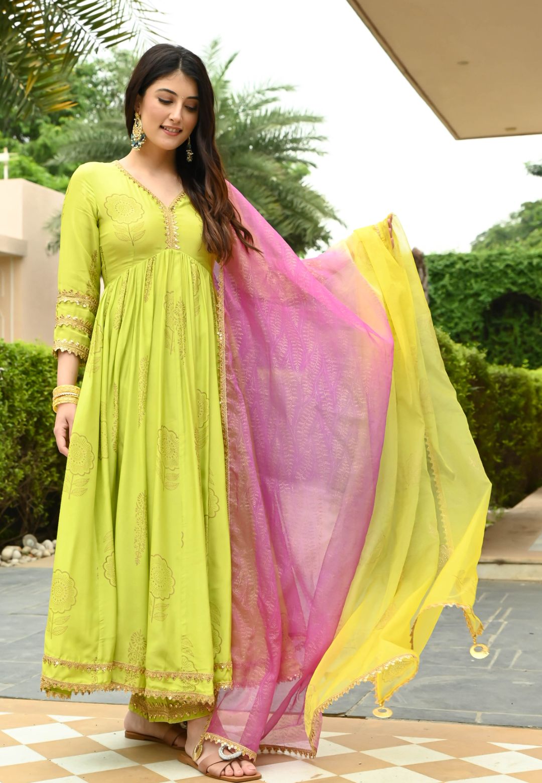 GREEN LIME GOLD HANDBLOCK COTTON SILK SUIT SET