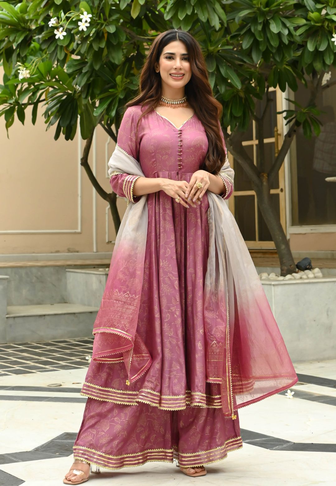 PINK OPAL GOLD COTTON SILK SUIT SET