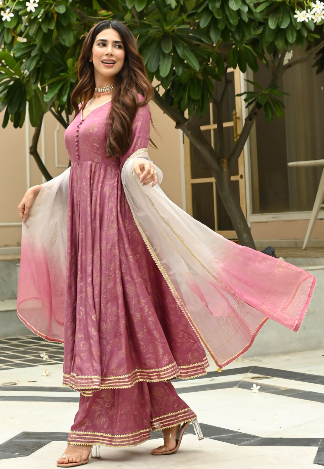 PINK OPAL GOLD COTTON SILK SUIT SET