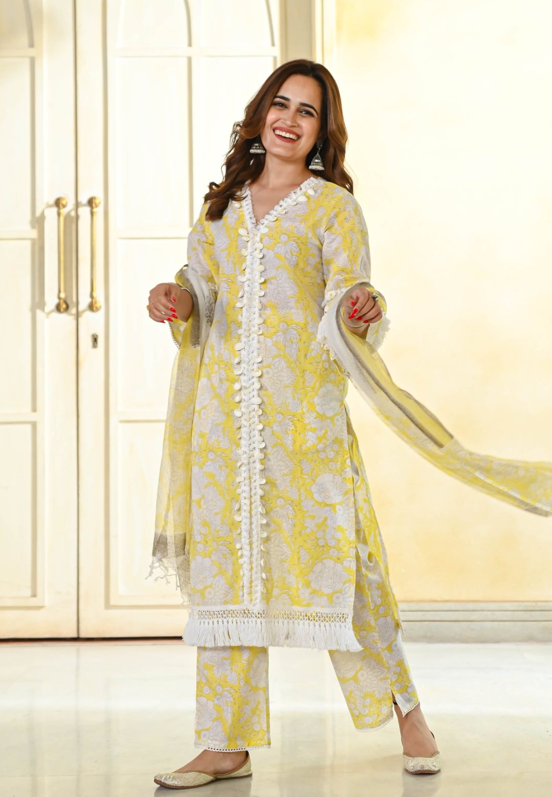 LIGHT YELLOW HANDBLOCK COTTON PRINTED SUIT SET