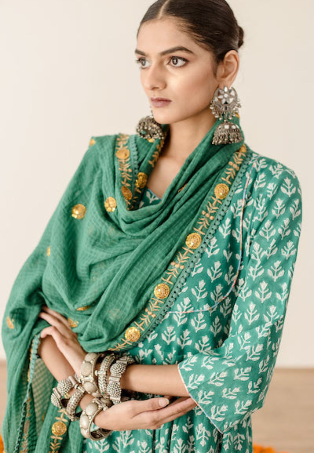 ROSHAN GREEN COTTON ANARKALI SUIT SET