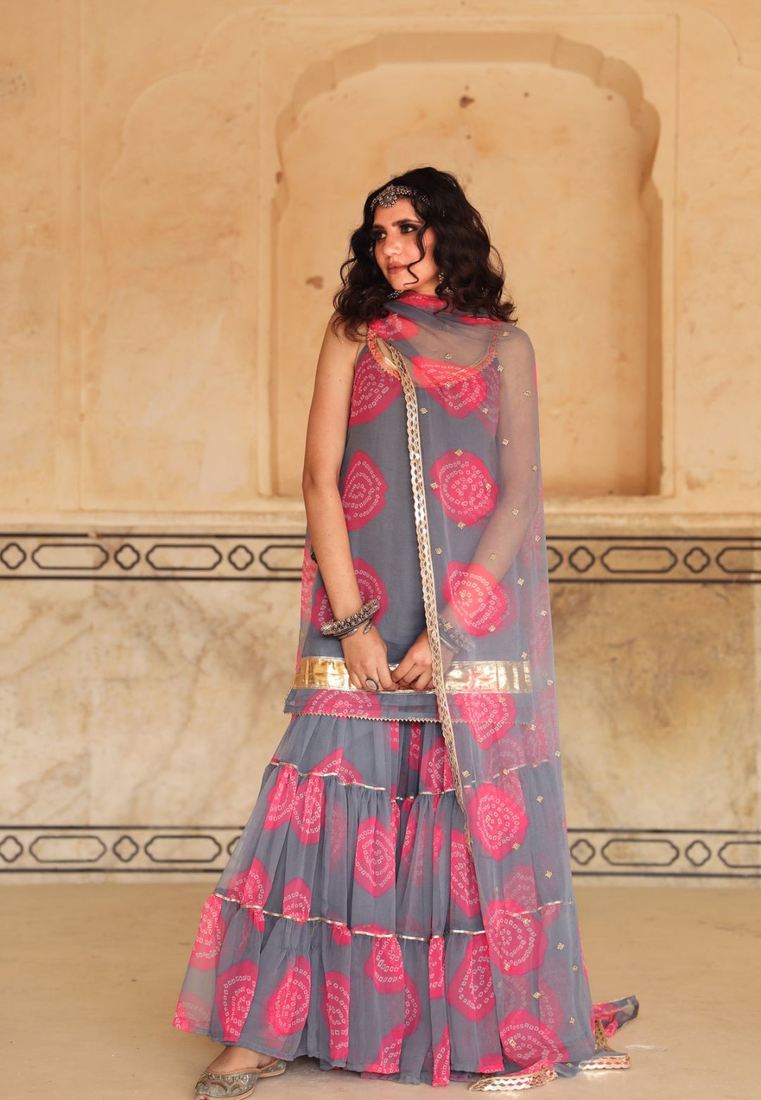 SHINAZ GREY GEORGETTE SHARARA SET