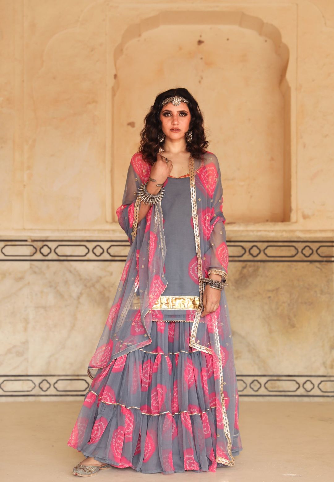 SHINAZ GREY GEORGETTE SHARARA SET