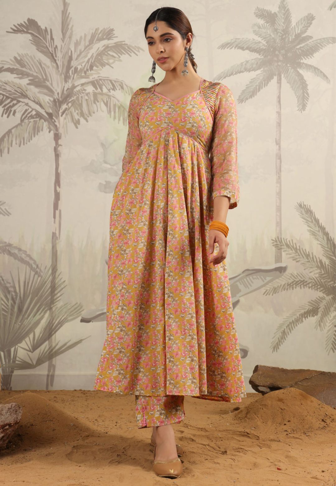 YELLOW PINK COTTON ANARKALI SUIT SET
