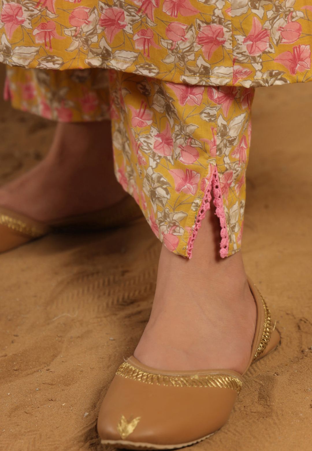 YELLOW PINK COTTON ANARKALI SUIT SET