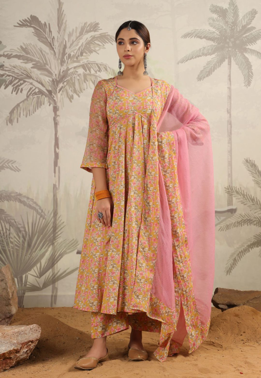 YELLOW PINK COTTON ANARKALI SUIT SET