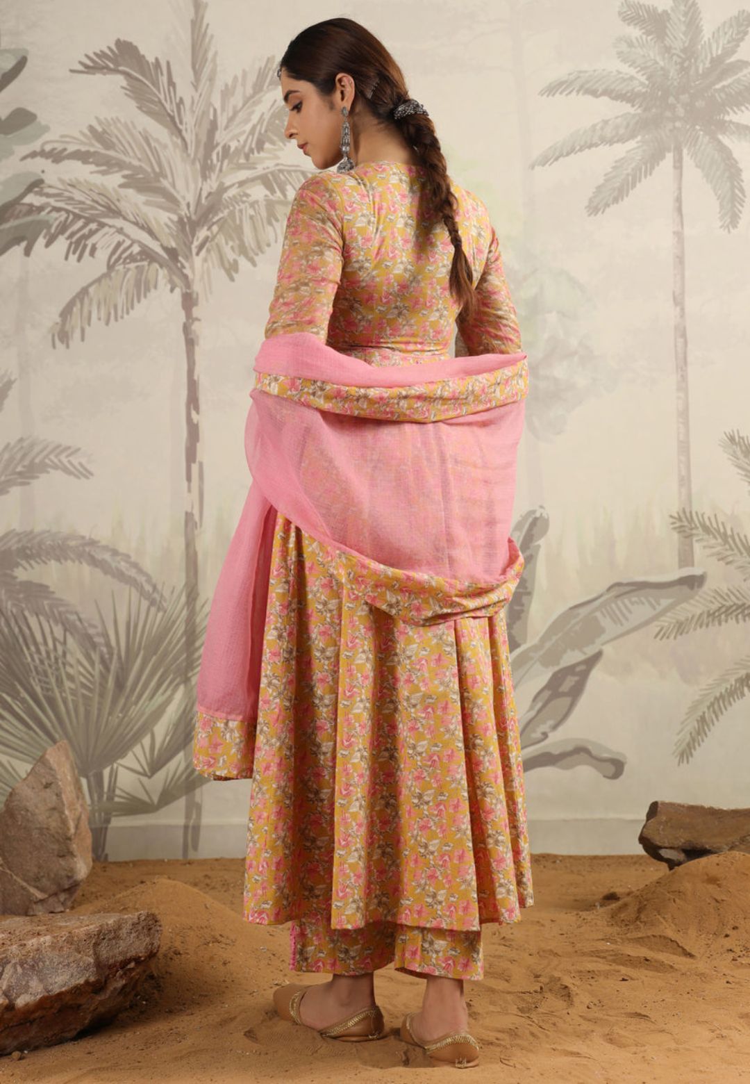 YELLOW PINK COTTON ANARKALI SUIT SET