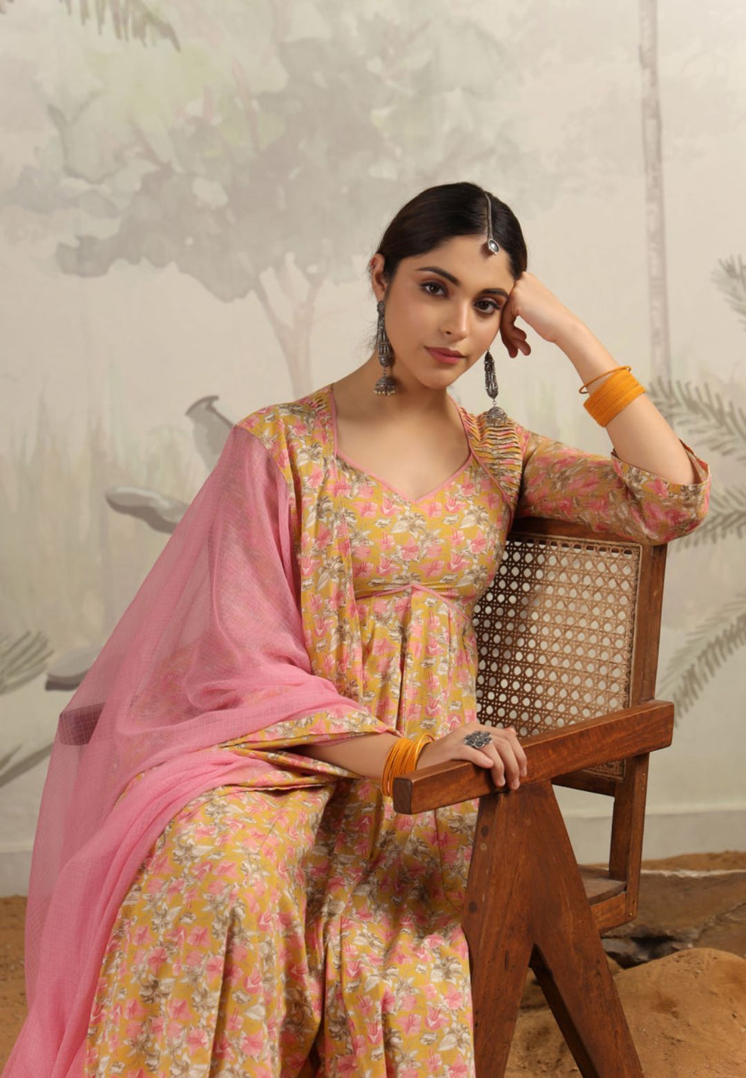 YELLOW PINK COTTON ANARKALI SUIT SET