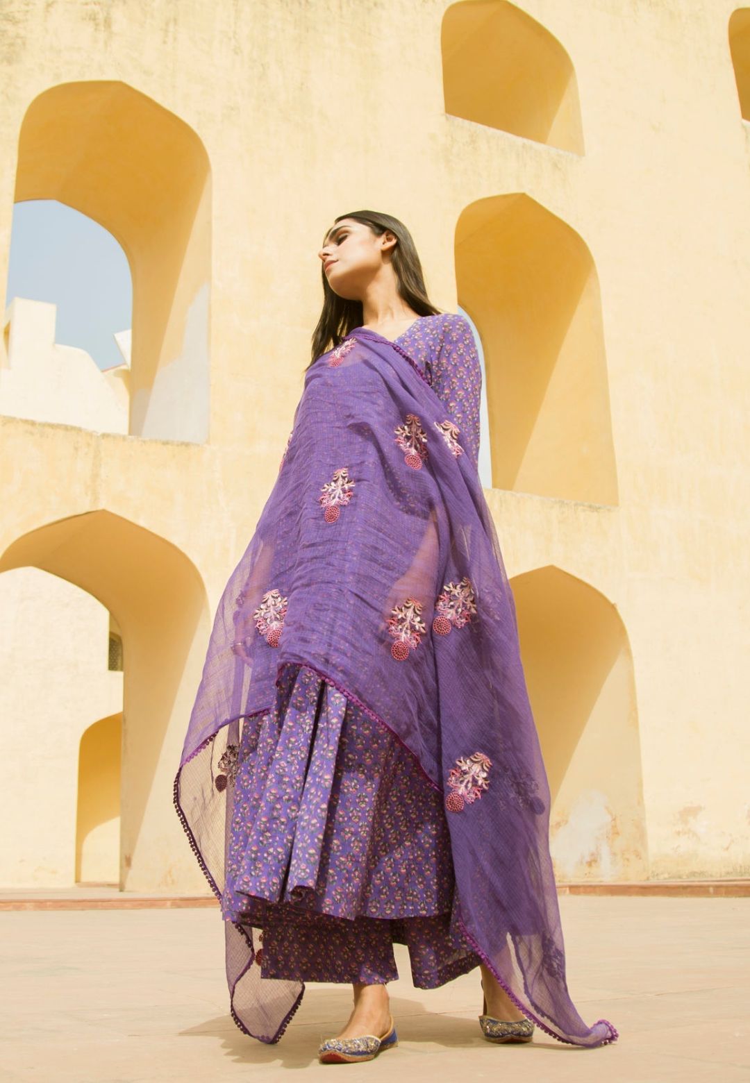 PURPLE HANDBLOCKED PURE COTTON ANARKALI SUIT SET