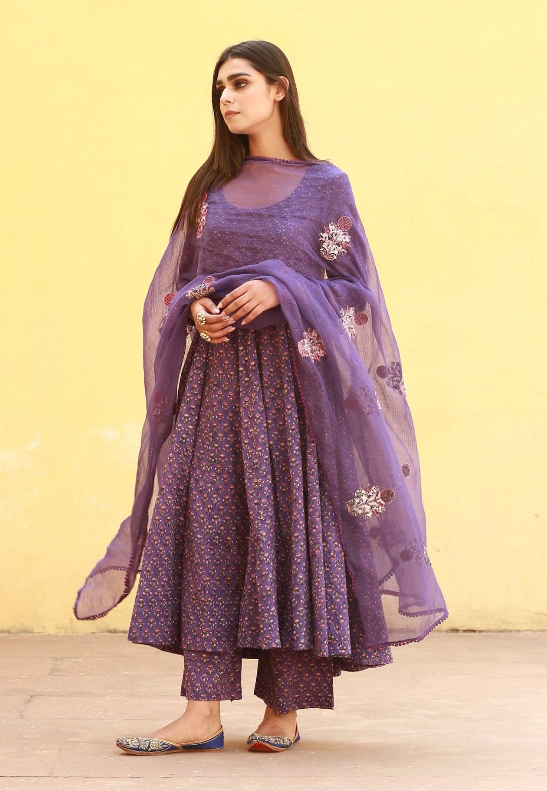 PURPLE HANDBLOCKED PURE COTTON ANARKALI SUIT SET