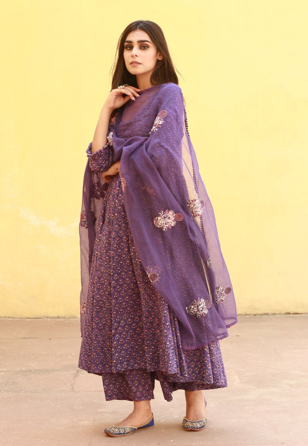 PURPLE HANDBLOCKED PURE COTTON ANARKALI SUIT SET