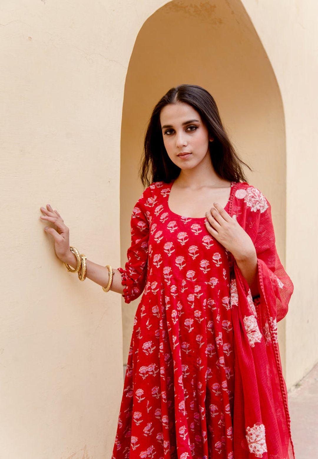 RED HANDBLOCKED PURE COTTON ANARKALI SUIT SET