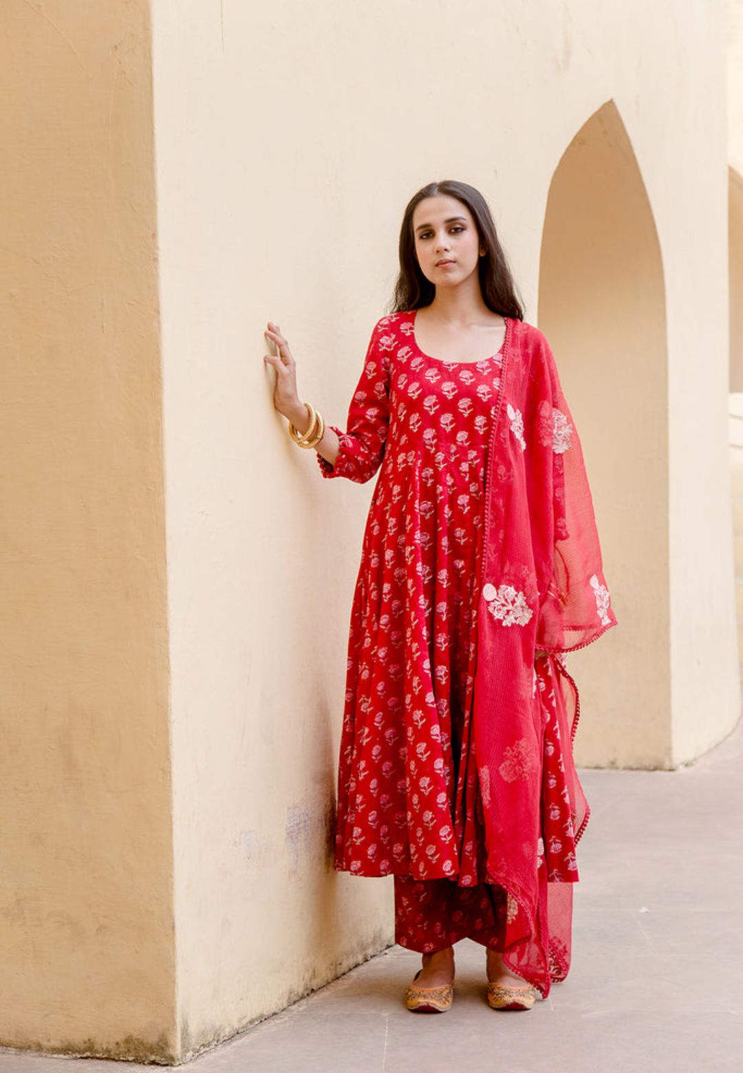 RED HANDBLOCKED PURE COTTON ANARKALI SUIT SET