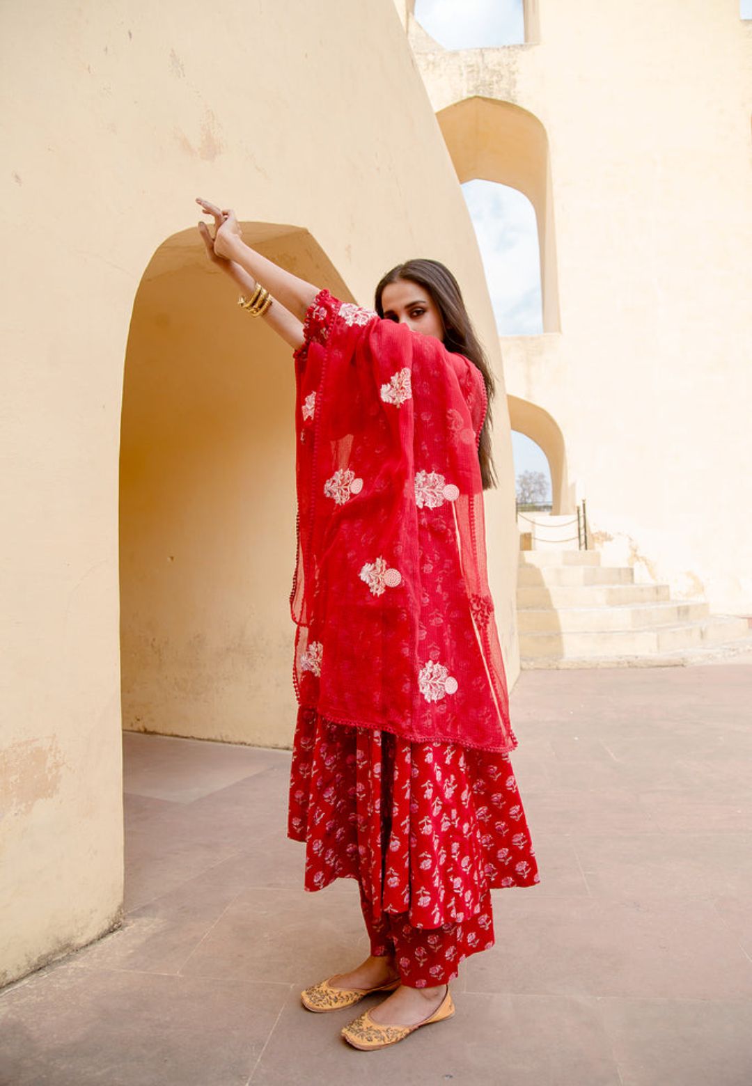 RED HANDBLOCKED PURE COTTON ANARKALI SUIT SET