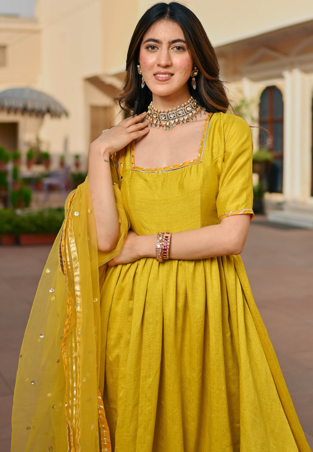 LEMON GREEN SILK ANARKALI SUIT SET