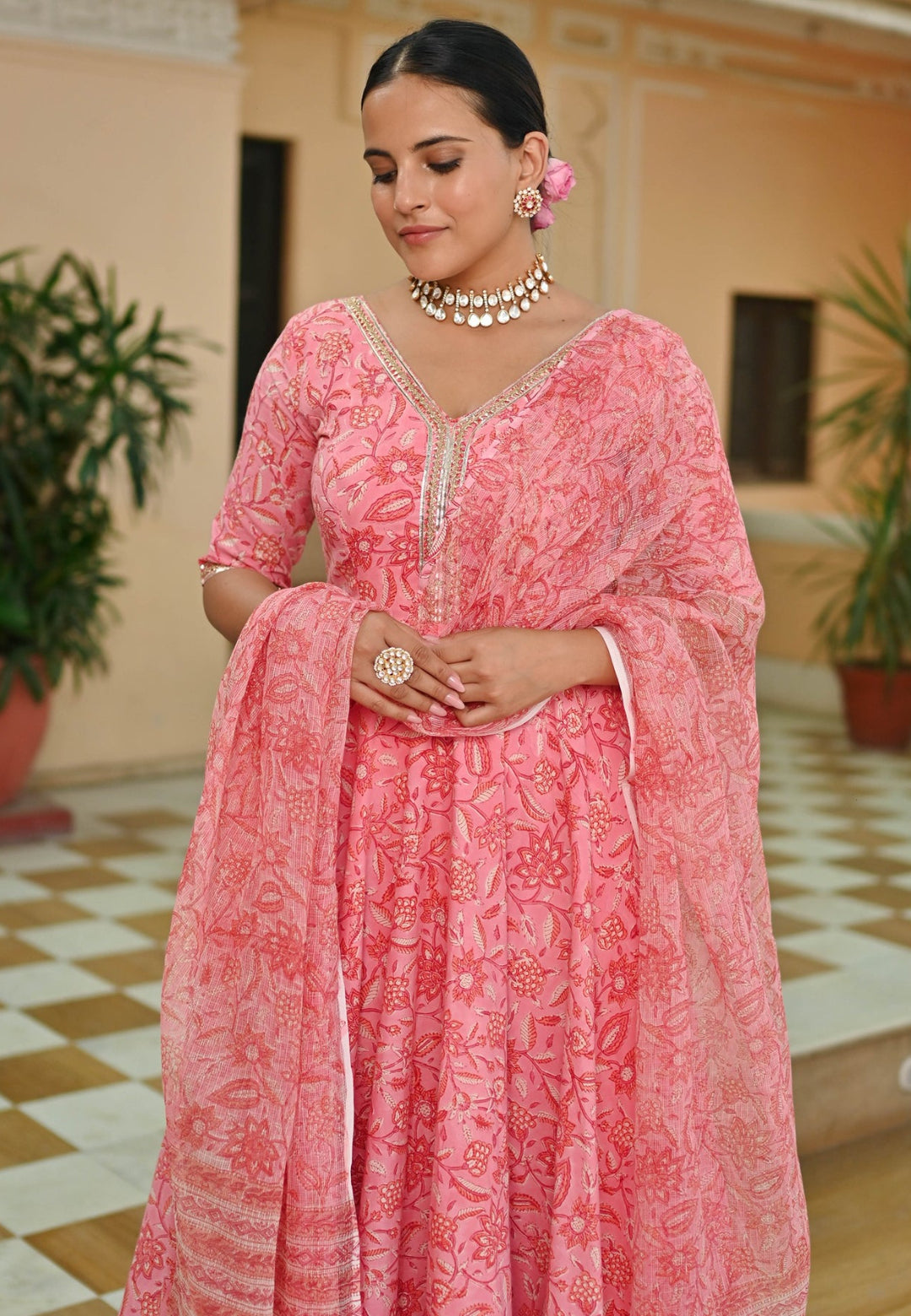 PINK HANDBLOCK ANARKALI SUIT SET