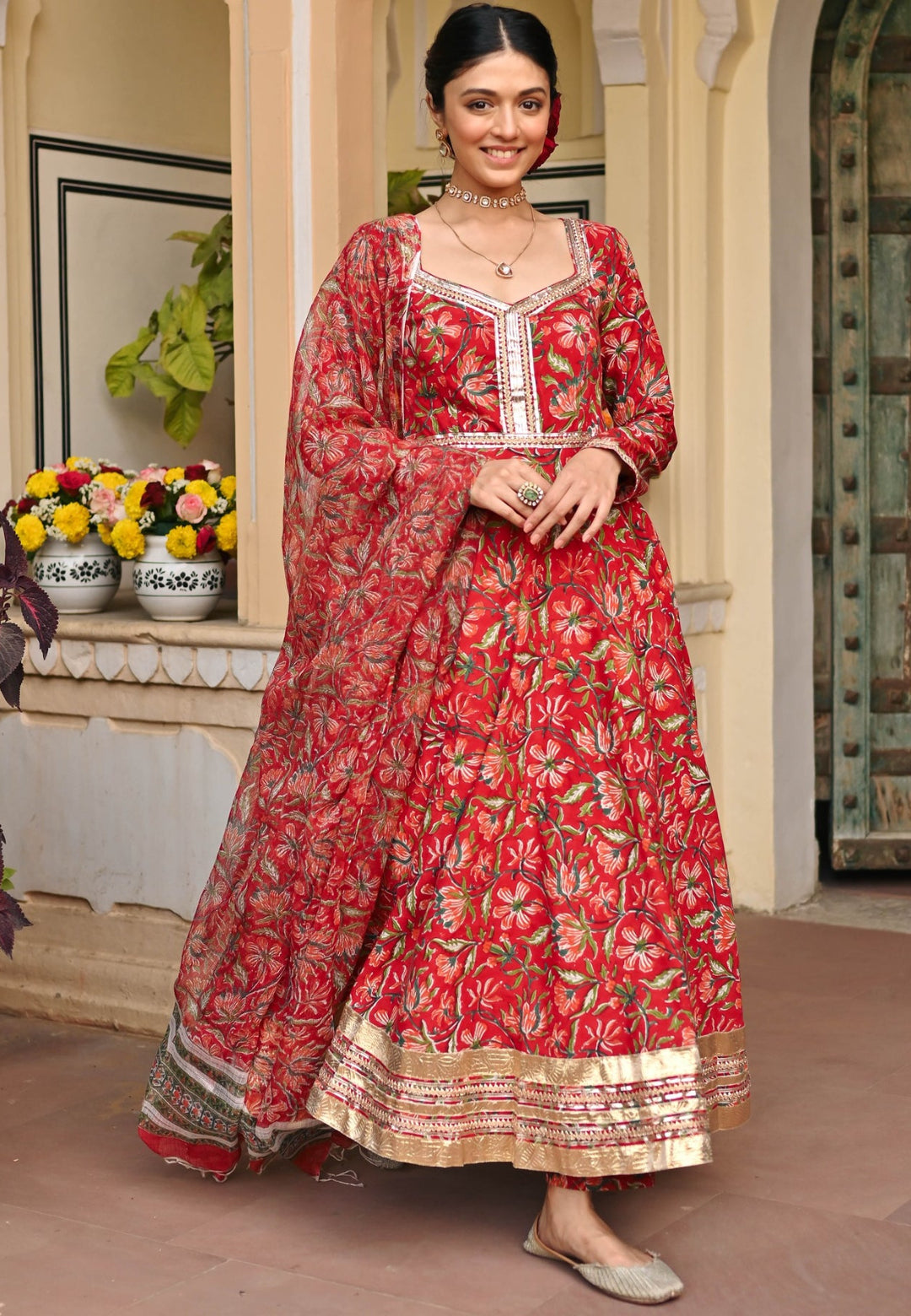 RED HANDBLOCK PRINTED ANARKALI SUIT SET